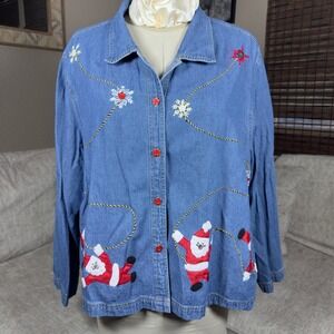 VTG Carolina Blues Christmas Denim Shirt Womens 26/28 Santa Snowflake Holiday